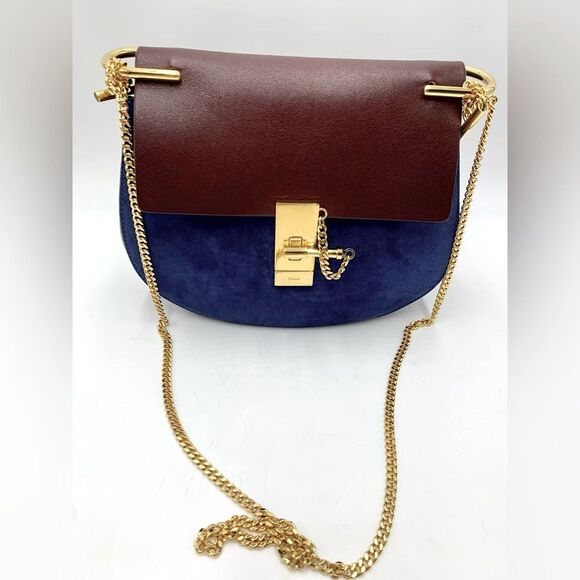 Auth Chloe Drew Mini Two Tone Leather Suede Navy Bordeaux Shoulder Bag - Picture 3 of 15
